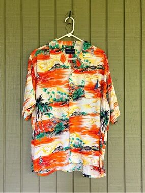 Vintage 90s Network Hawaiian Shirt XL Orange Rayon Sunset Tropical Print